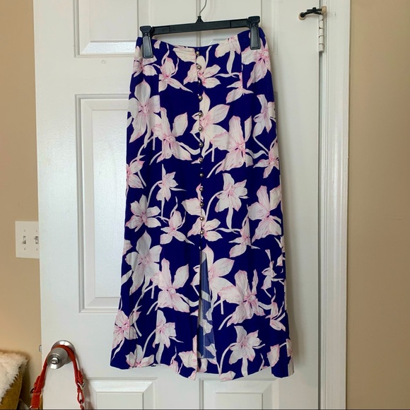 Midi Floral Blue and Pink Button Up Maxi Skirt - Picture 1 of 3